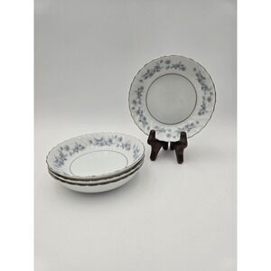 4 Vintage Empress China Japan Delft‎ Blue Flower Berry Dessert Bowls Silver Trim